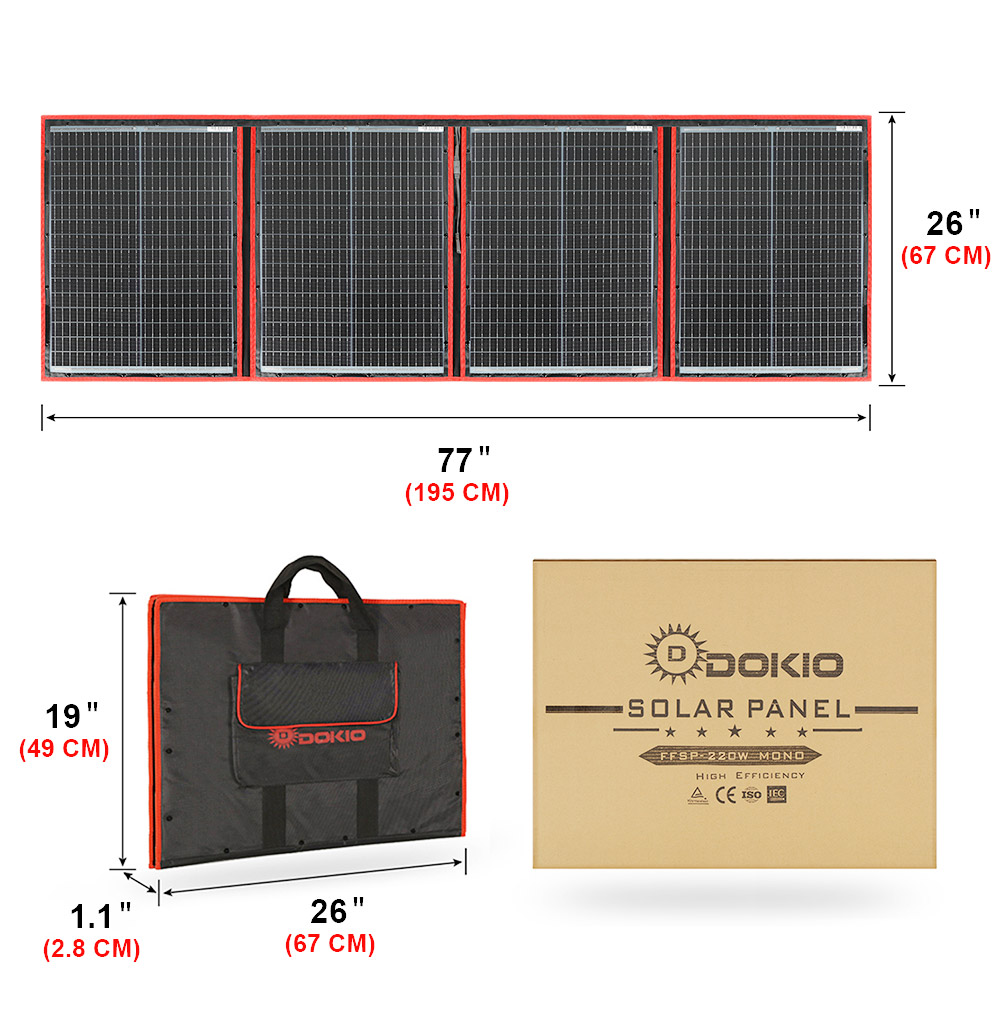 Solar Panel 200W - แผงโซลาร์เซลล์แบบพับได้ยี่ห้อ Dokio กำลังไฟ 200 วัตต์ แผงโซลาร์เซลล์แบบพกพาพลังงานสูงสำหรับรถบ้าน
