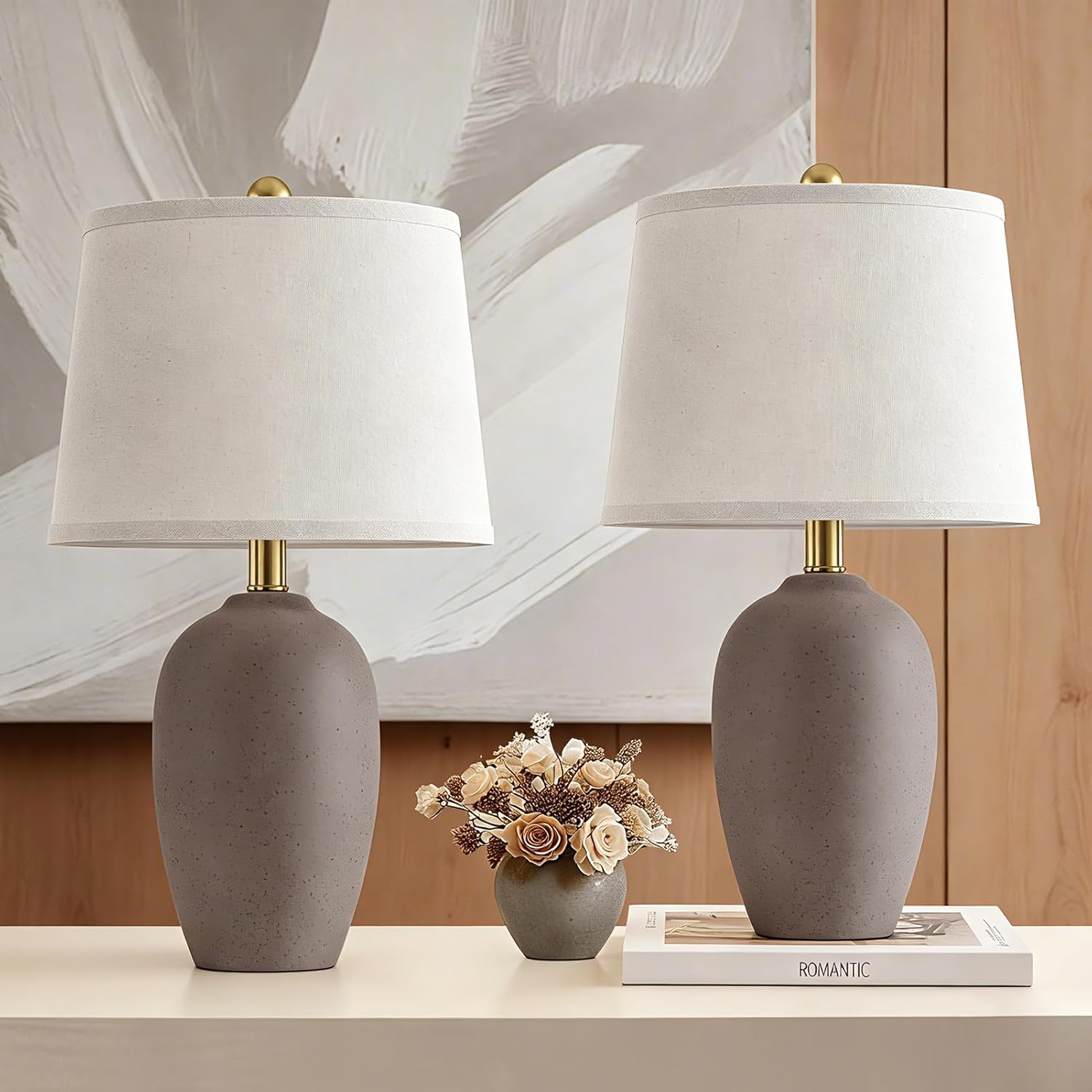 Solar Lamp - ชุดโคมไฟตั้งโต๊ะเซรามิกสไตล์ฟาร์มเฮาส์ 2 ชิ้น สำหรับห้องนั่งเล่นและห้องนอน พร้อมหลอดไฟ LED