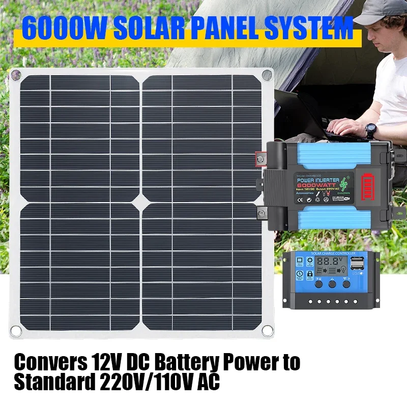 Solar Panel 200W - ชุดโซลาร์เซลล์ 6000W พร้อมแผงโซลาร์เซลล์ 200W และตัวควบคุม เหมาะสำหรับการจ่ายไฟฉุกเฉินให้กับรถบ้านและรถแคมป์ปิ้ง